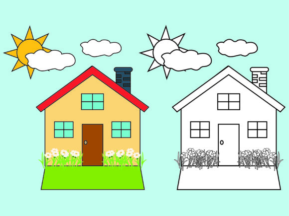 Download House with Sun Kids Coloring Vector - Premium Resources